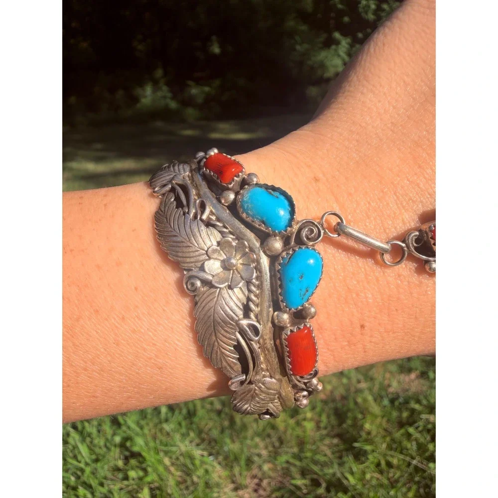 Vintage Native American Sterling Silver Turquoise Coral Bracelet Ring Signed - Picture 2 of 10